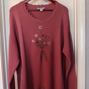 Coldwater Creek Dusty Rose Floral Embroidered Scoop Neck Sweater